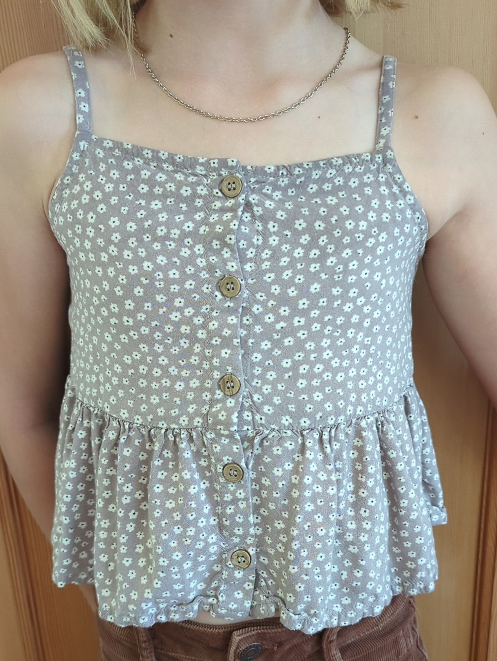 H&M Taupe Floral Button-Front Peplum Tank Top